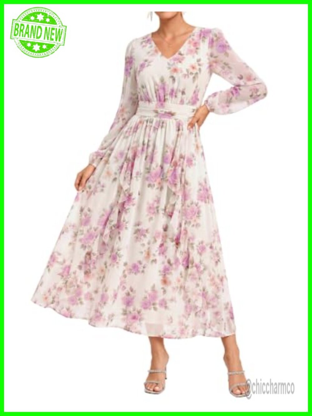Women's Floral Chiffon Long Sleeve A-Line Midi Wedding Guest Dress